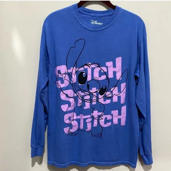 DISNEY Stitch Long Sleeve Tee SIZE MEDIUM Blue Graphic T-Shirt Lilo & Stitch - Picture 6 of 9